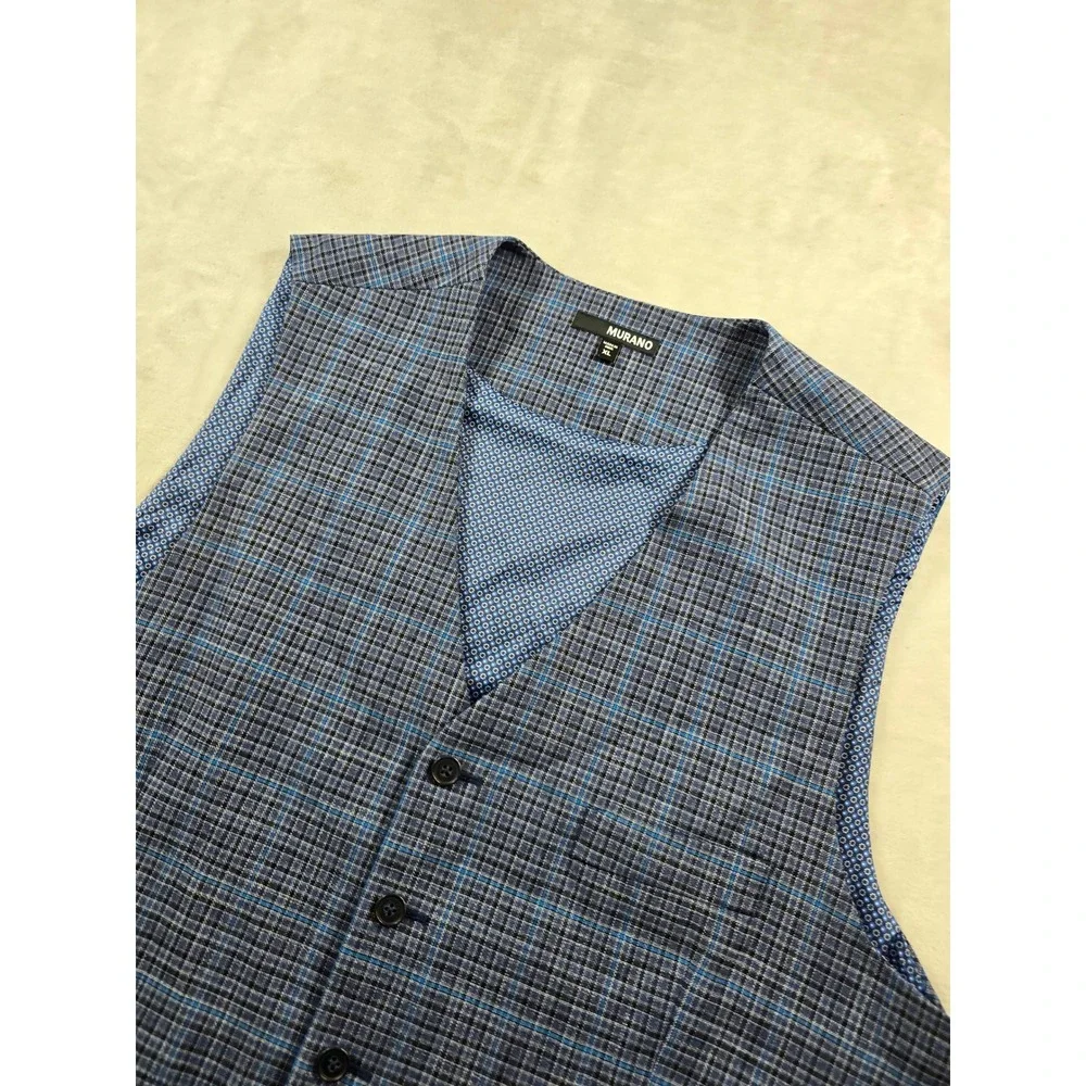Murano Suit Vest Mens XL Blue Plaid Polyester Stretch Dress Waistcoat